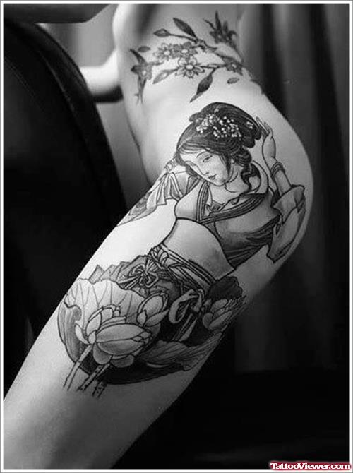 Grey Ink Geisha Tattoo On Left Leg