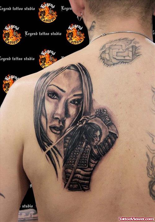 Grey Ink Geisha Girl Tattoo On Left Back Shoulder