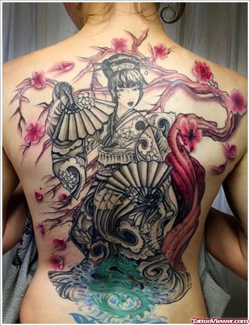 Geisha Fan Tattoos On Full Back