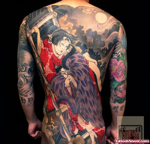 Colored Geisha Tattoo On Man Back Body