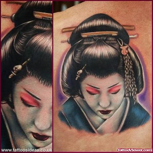 Color Ink Geisha Girl Tattoo On Back