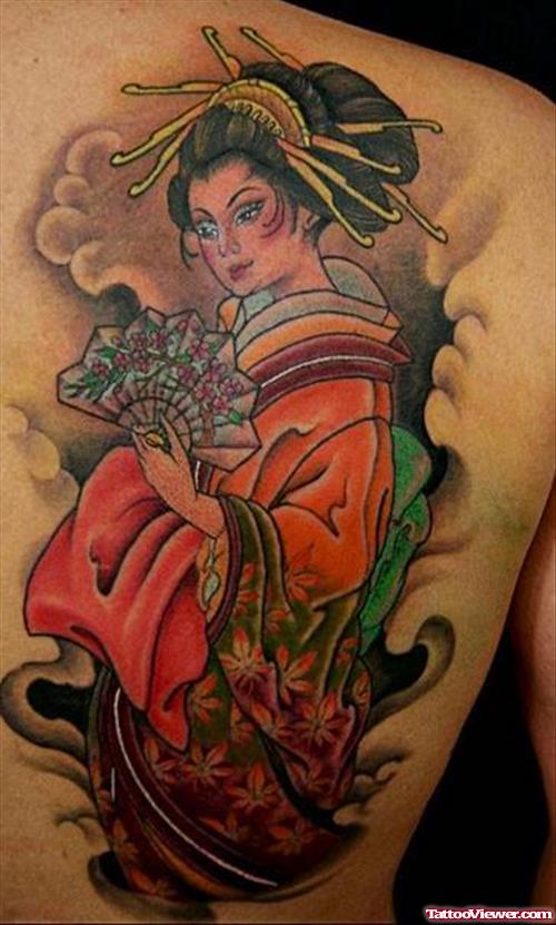 Attractive Color Ink Geisha Tattoo On Right Back Shoulder