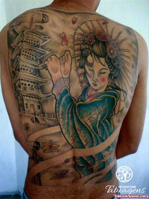 colored Ink Geisha Tattoo On Back