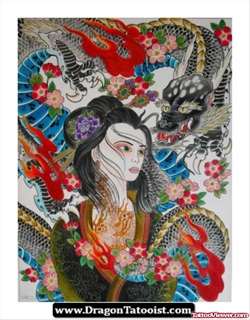 Colored Geisha Tattoos Design