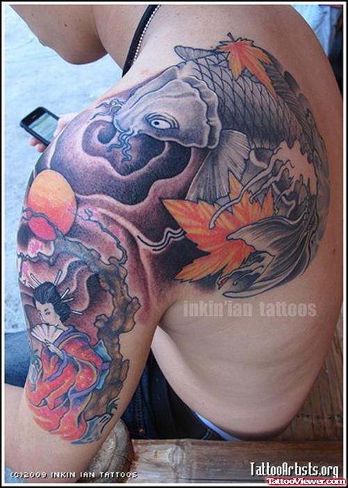 Colored Geisha Tattoo On Man Left Shoulder