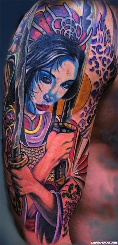 Color Ink Geisha With Swords Tattoo On Right Sleeve