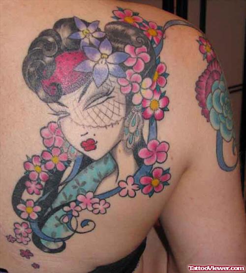 Color Flowers And Geisha Girl Head Tattoo On Back Shoulder