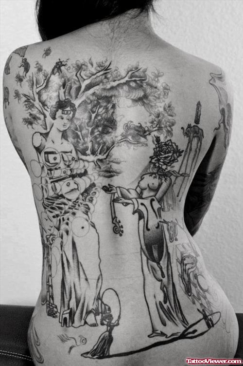 Awesome GRey Ink Geisha Girl Tattoo On Back Body