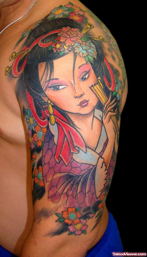 Awesome Colored Geisha Tattoo On Left Half Sleeve