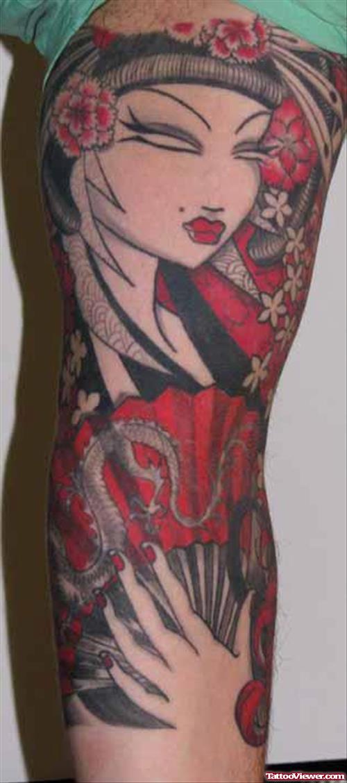 Amazing Colored Geisha Tattoo On Sleeve