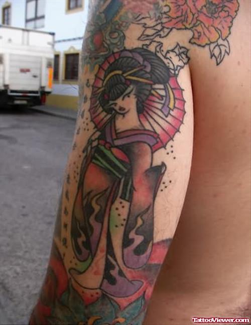 Geisha Coloured Tattoo On Arm