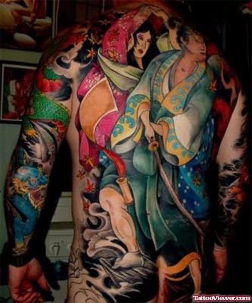 Geisha Coloured Back Tattoo