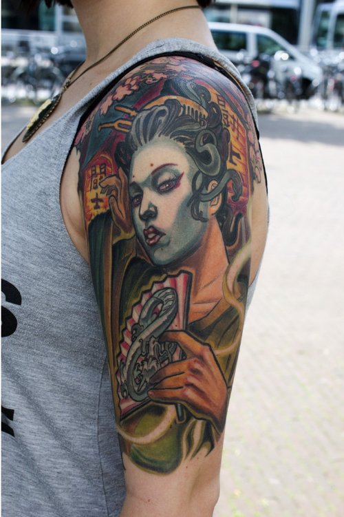 Awesome Color Ink Geisha Tattoo On Left Half Sleeve
