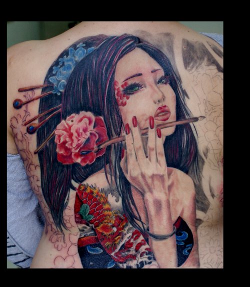 Color Ink Flowers And Geisha Tattoo On Back