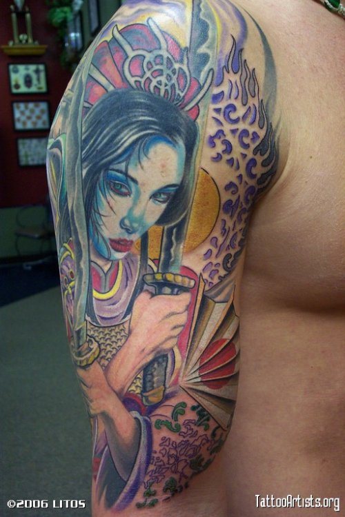 Right Half Sleeve Colored Geisha Tattoo