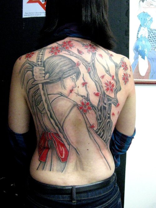 Chinese Geisha Tattoo On Back Body