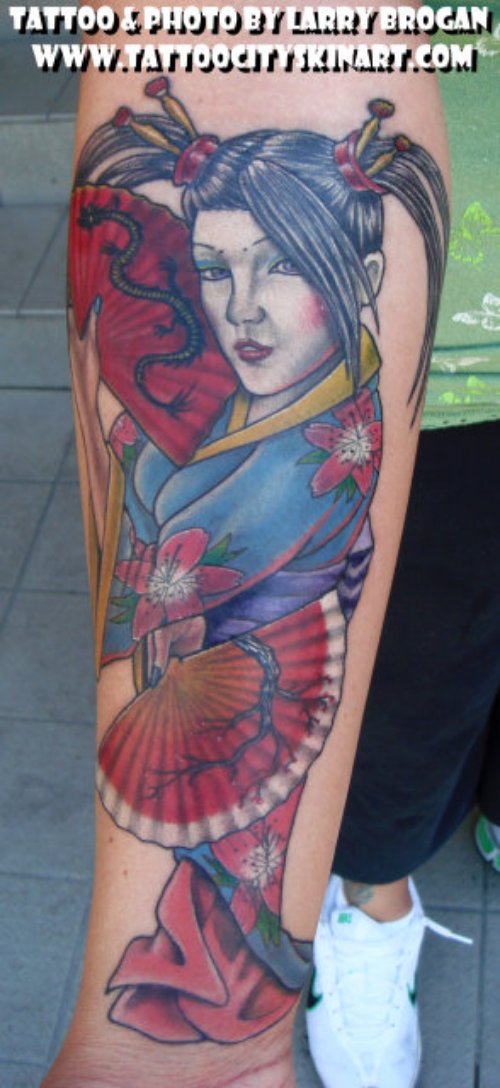 Fine Color Ink Geisha Tattoo On Sleeve