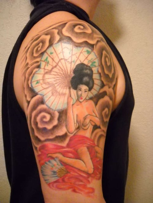 Color Ink Geisha Tattoo On Man Right Half Sleeve