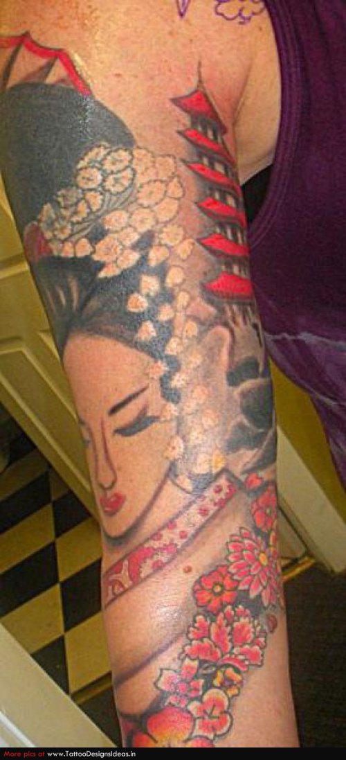 Amazing Color Ink Geisha Tattoo On Sleeve