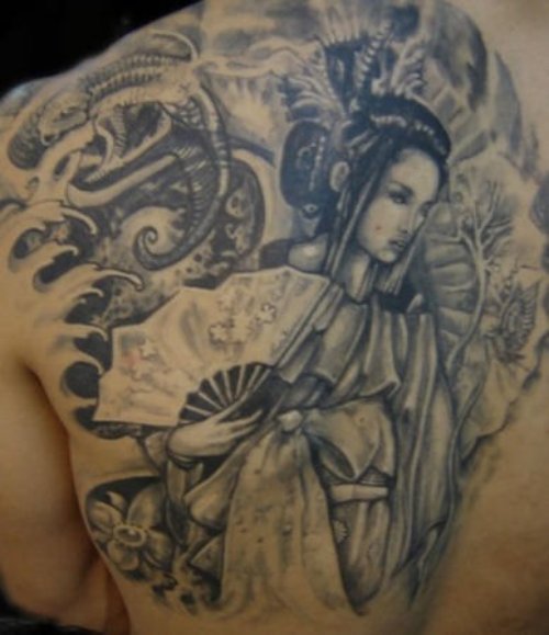 Mind Blowing Grey Ink Geisha Tattoo On Back