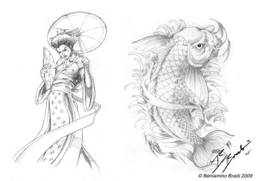 Koi Fish And Geisha Tattoo Design