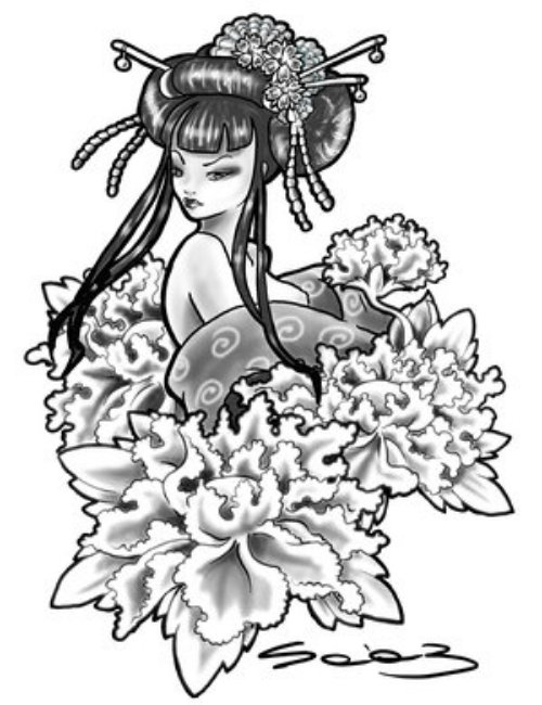 Classic Grey Flowers And Geisha Tattoo Design