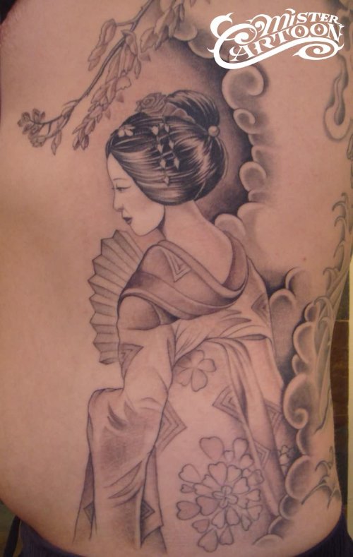 Left Side Rib Grey Ink Geisha Tattoo Design