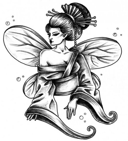 Winged Geisha Tattoo Design