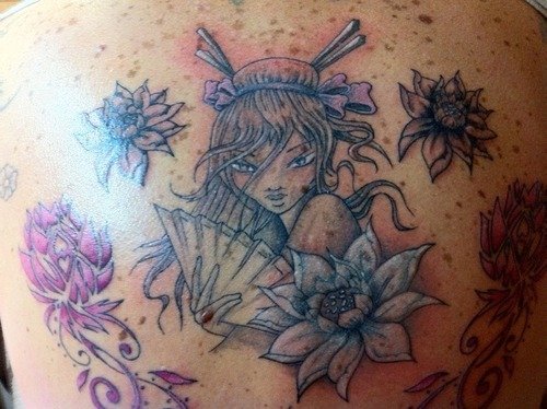 Colored Flowers And Geisha Tattoo On Back