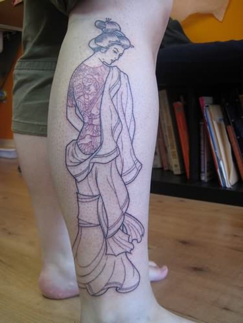 Geisha Awesome Tattoo On Leg