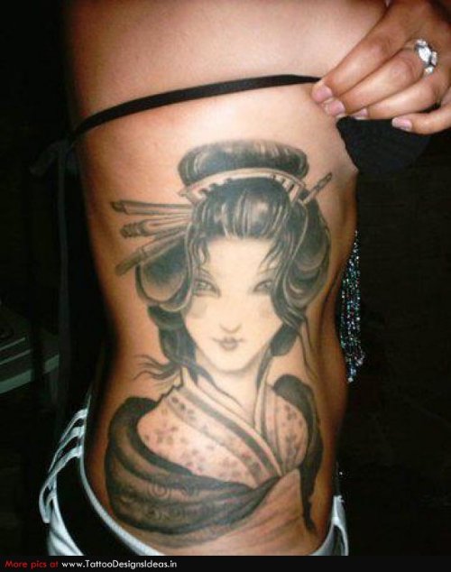 Amazing Grey Ink Geisha Tattoo On Girl RIb Side