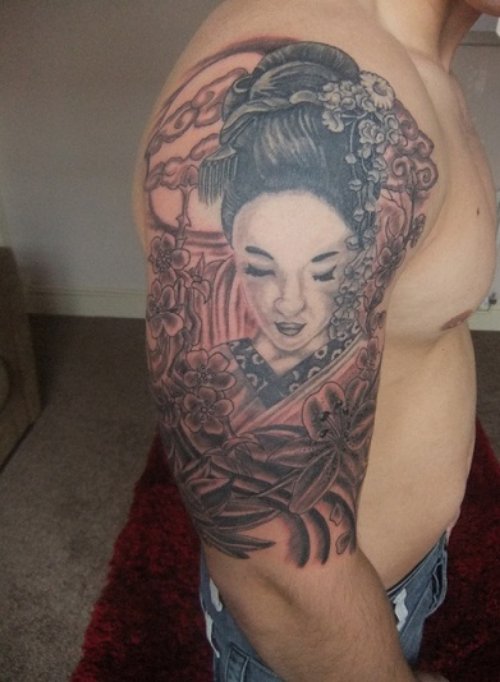 Unique Unique Grey Ink Geisha Tattoo Design