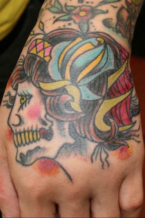 Color Ink Geisha Tattoo On Left Hand
