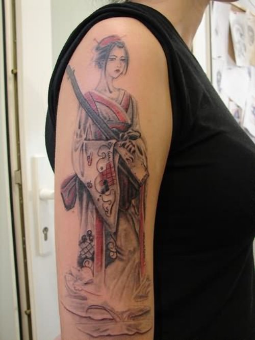 Geisha Tattoo On Upper Shoulder