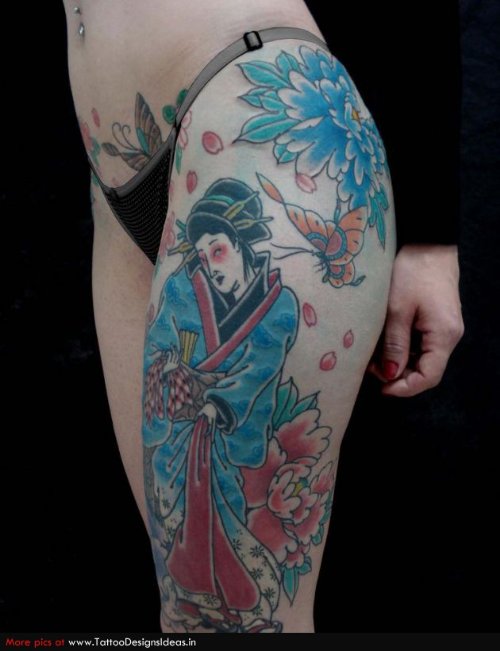 Blue Ink Geisha Tattoo On Left Leg
