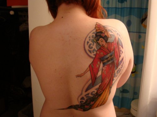 Red Dressed Geisha Tattoo on Back Shoulder