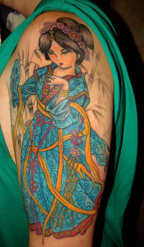 Blue Ink Geisha Tattoo On Left Half Sleeve
