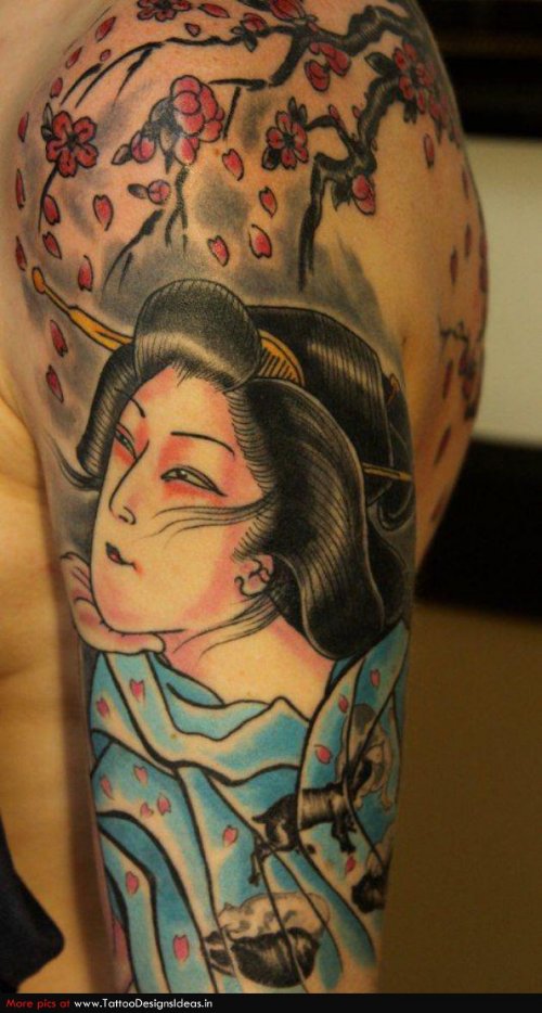 Colored Geisha Tattoo On Left Half Sleeve For Men