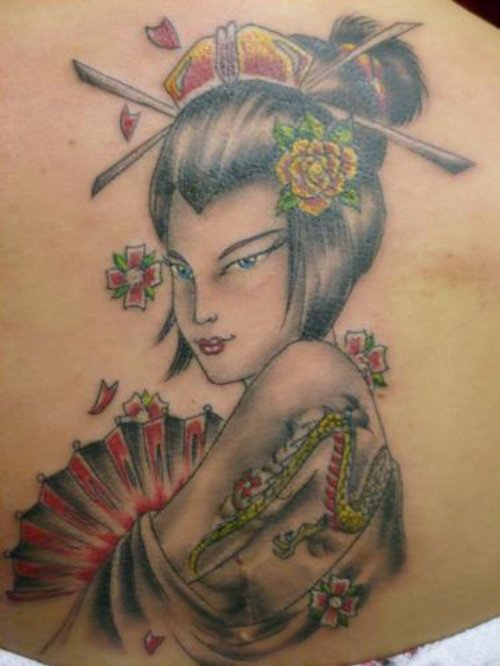 Awesome Color Ink Geisha Tattoo On Hip