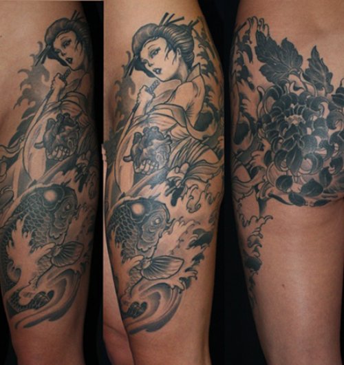 Geisha Tattoo On Leg Sleeve