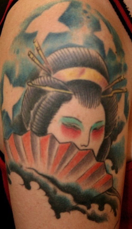 Color Ink Geisha Tattoo On Right Half Sleeve