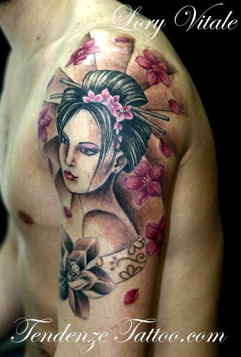 Man Left Shoulder Geisha Tattoo