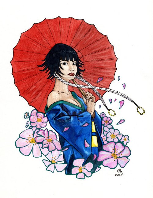 Awesome Japanese Color Flowers And Geisha Tattoo Design