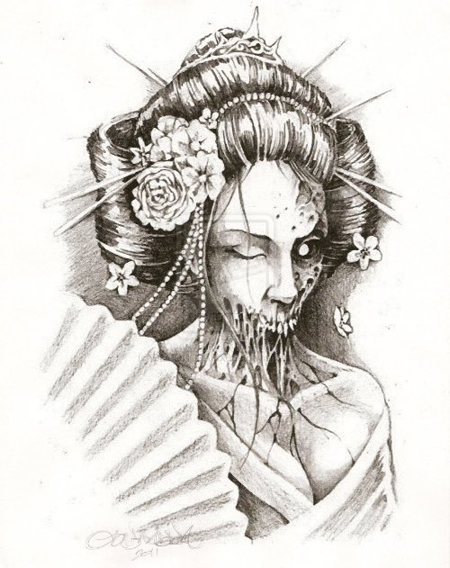 Amazing Grey Ink Zombie Geisha Tattoo Design