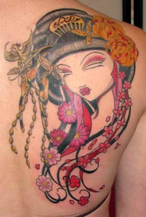Right Back Shoulder Geisha Girl Head Tattoo