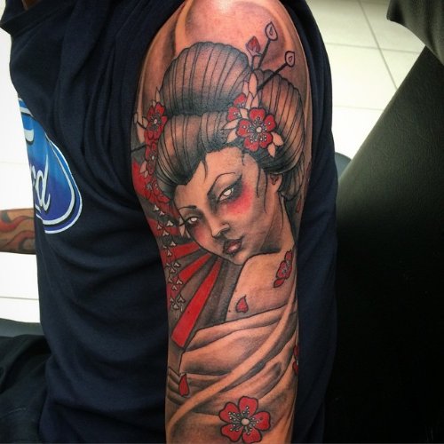 Awesome Colored Geisha Tattoo On Man Half Sleeve