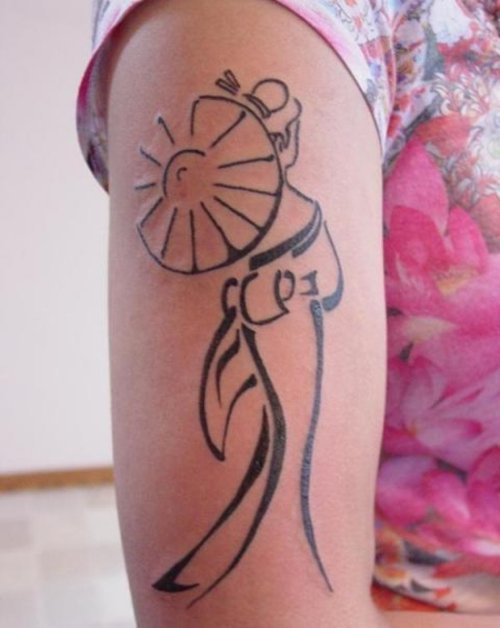Outline Geisha Girl Tattoo On Half Sleeve