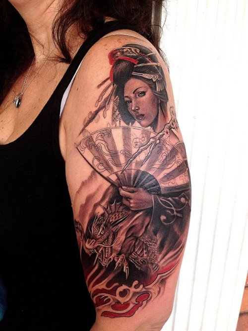 Grey Ink Dragon and Geisha Tattoo On Half Sleeve
