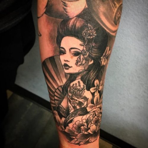 Black And Grey Geisha Tattoo On Arm Sleeve