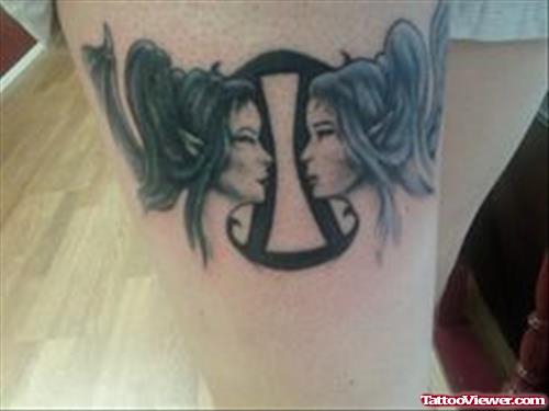 Grey Ink Girl Heads And Gemini Zodiac Tattoo Design